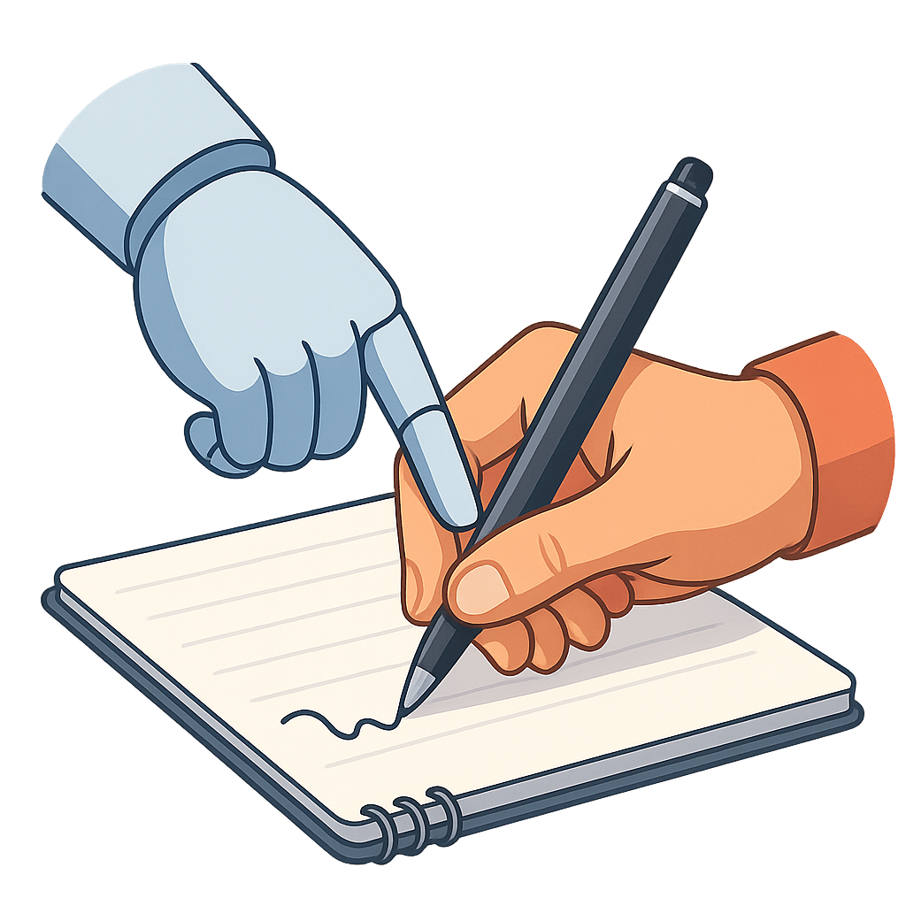 Image of a robot hand helping a human hand write